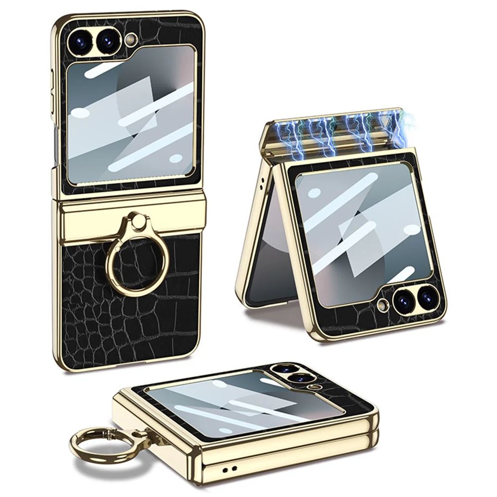 GKK For Samsung Galaxy Z Flip7 FE 5G / Z Flip6 5G Case Magnetic Hinge Protection PU+PC Kickstand Phone Cover - Crocodile Black