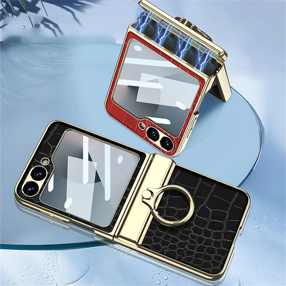 GKK For Samsung Galaxy Z Flip7 FE 5G / Z Flip6 5G Case Magnetic Hinge Protection PU+PC Kickstand Phone Cover - Crocodile Black - Image 7