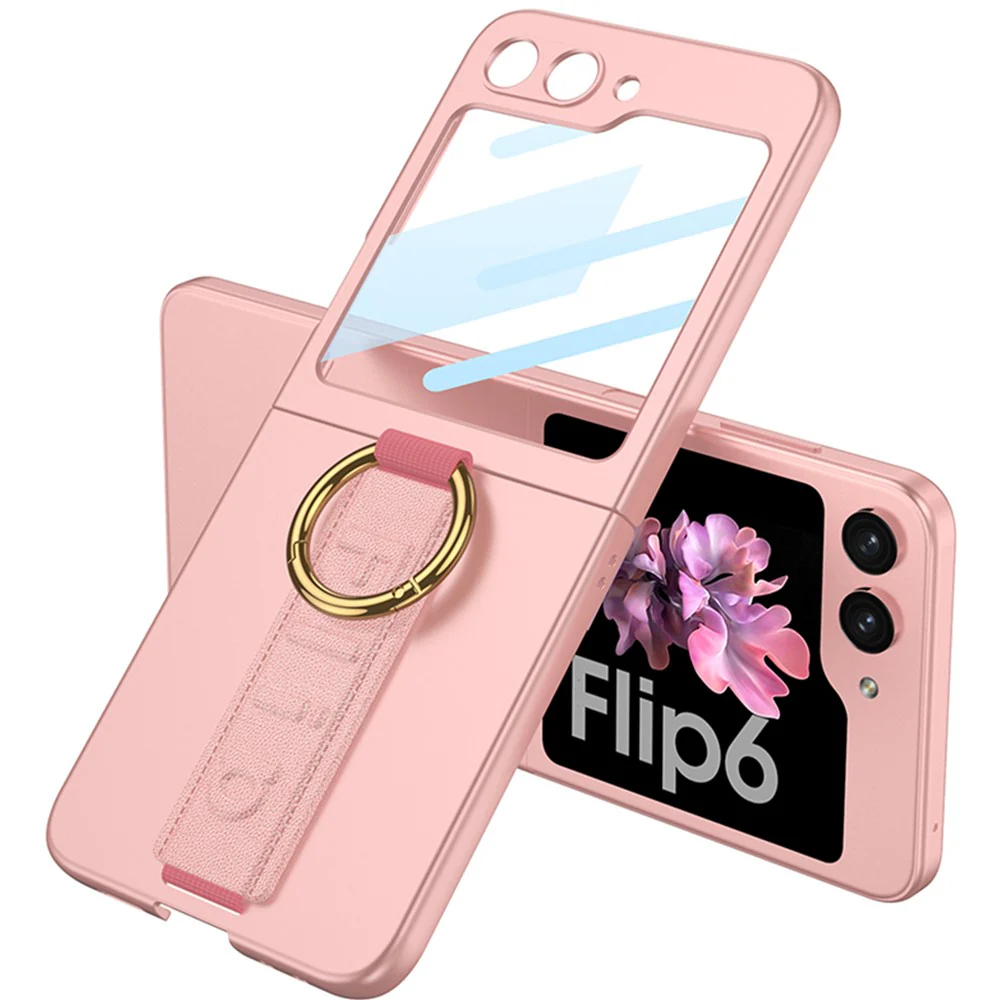 GKK For Samsung Galaxy Z Flip7 FE 5G / Z Flip6 5G Case Ring Holder Hand Strap PC Phone Cover with Rear Screen Film - Pink - Image 5