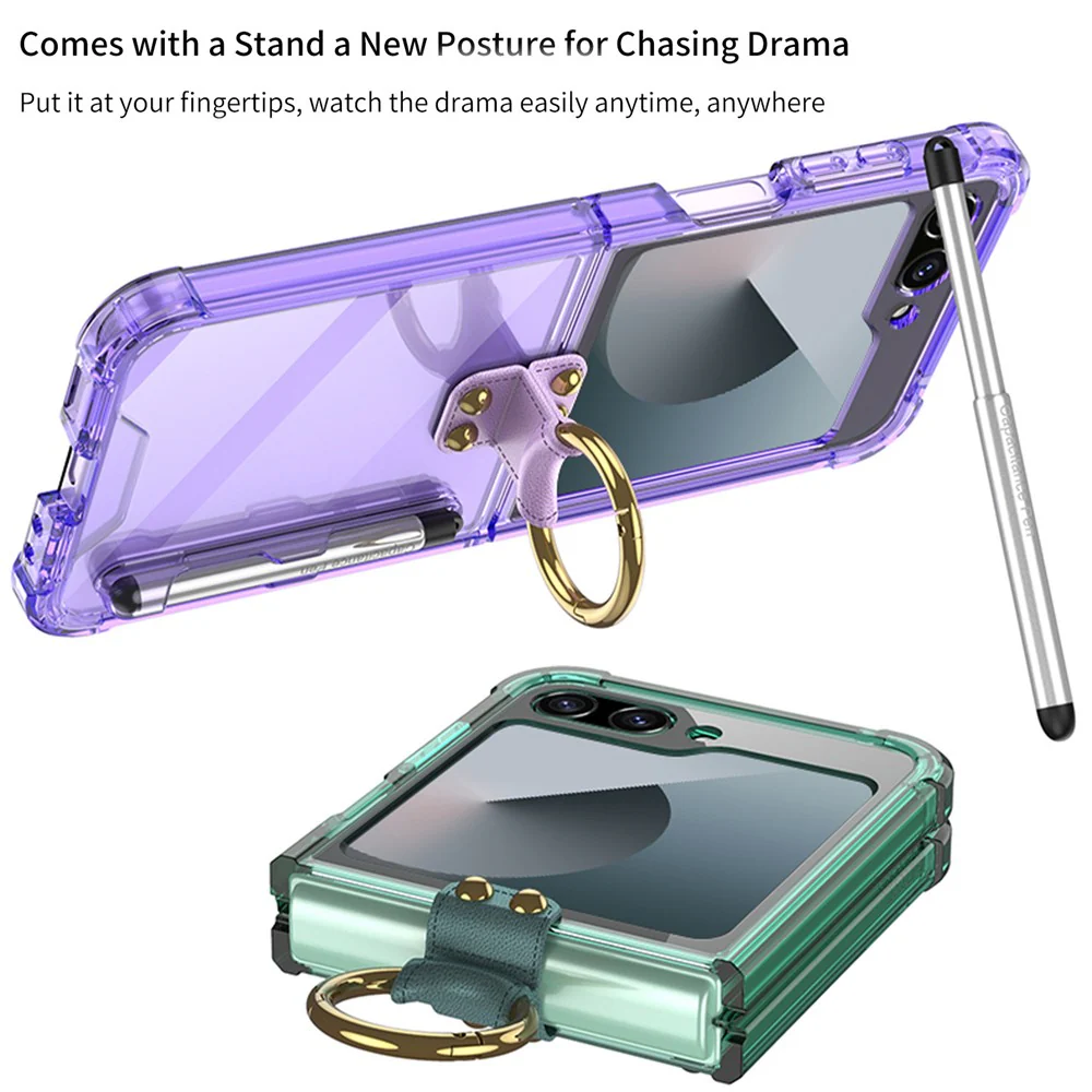 GKK For Samsung Galaxy Z Flip7 FE 5G / Z Flip6 5G Case Shockproof Phone Cover Ring Kickstand with Stylus - Transparent Green - Image 2