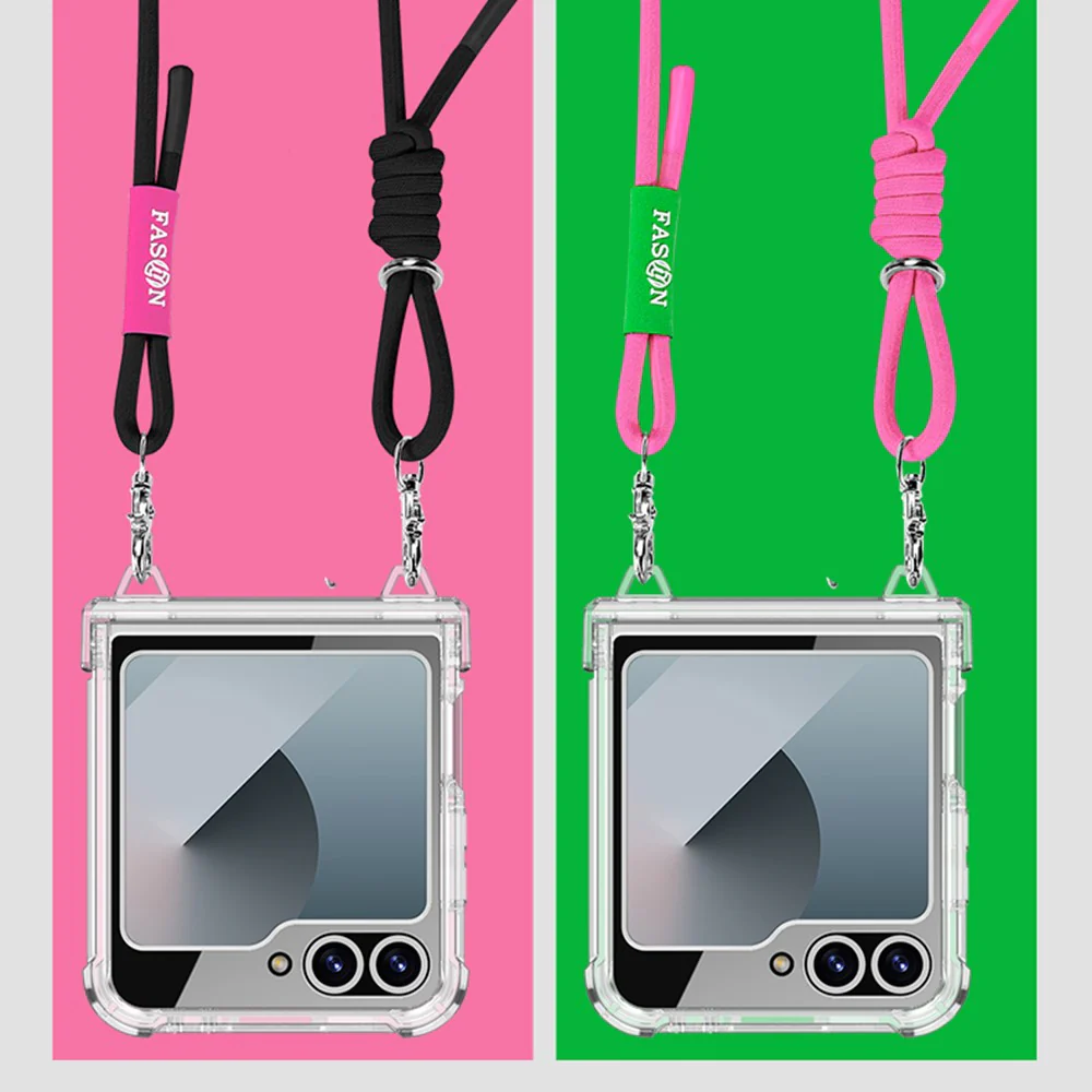 GKK For Samsung Galaxy Z Flip7 FE 5G / Z Flip6 5G Clear Case Airbag Hinge Protector PC Phone Cover with Strap - Pink - Image 6