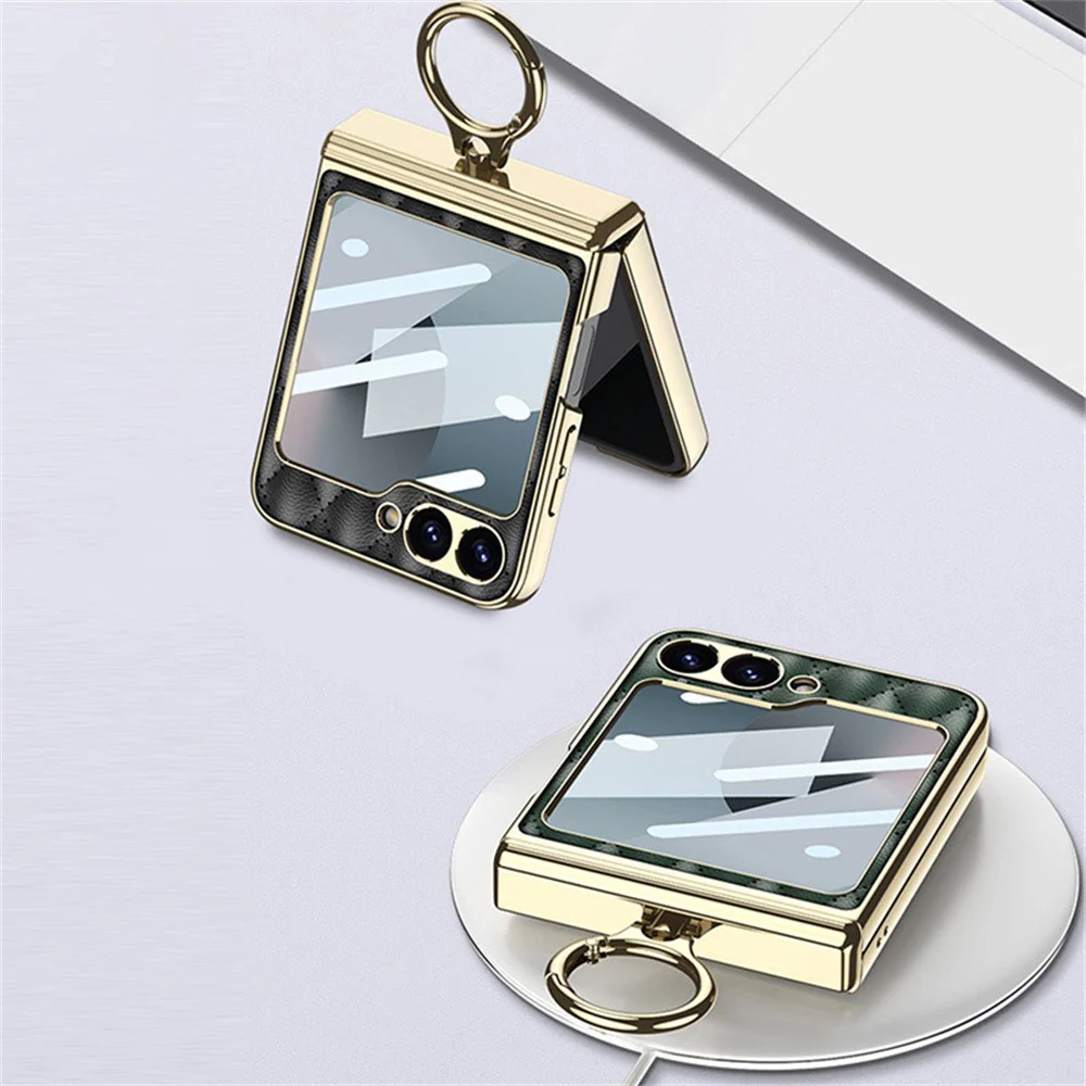 GKK For Samsung Galaxy Z Flip7 FE 5G / Z Flip6 5G Kickstand Case Rhombus Pattern PC+PU Phone Cover - Dark Green - Image 3