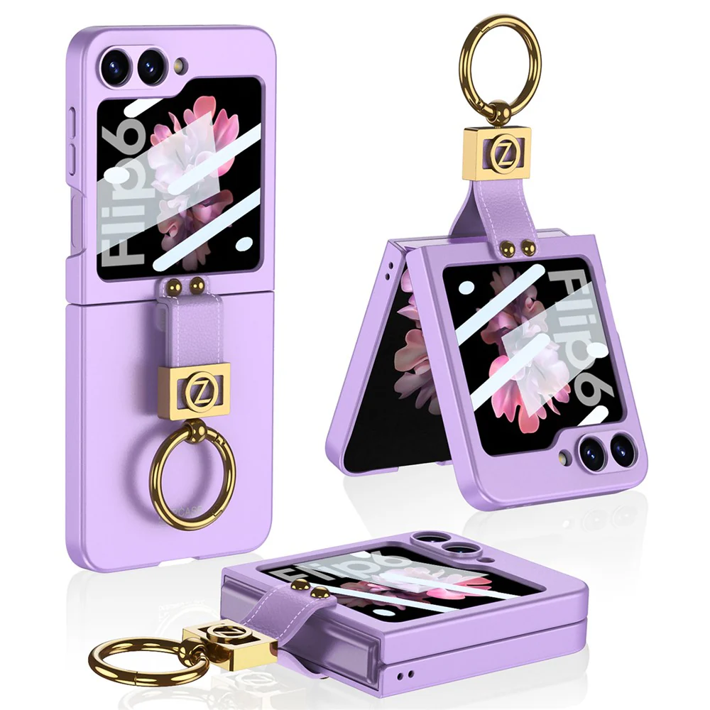 GKK For Samsung Galaxy Z Flip7 FE 5G / Z Flip6 5G PC Phone Case with Ring Holder+Tempered Glass Front Screen Film - Purple