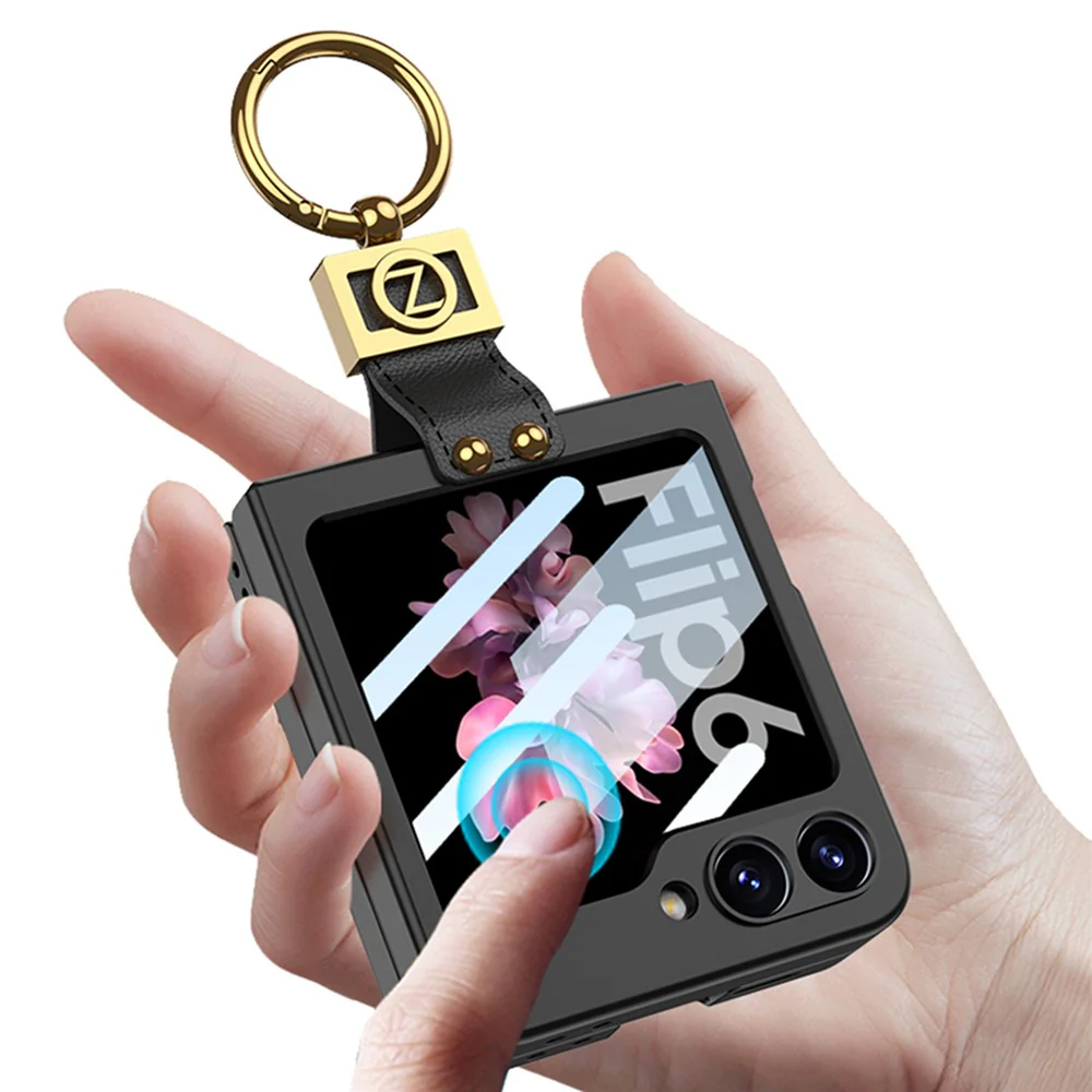 GKK For Samsung Galaxy Z Flip7 FE 5G / Z Flip6 5G PC Phone Case with Ring Holder+Tempered Glass Front Screen Film - Titanium Grey - Image 3