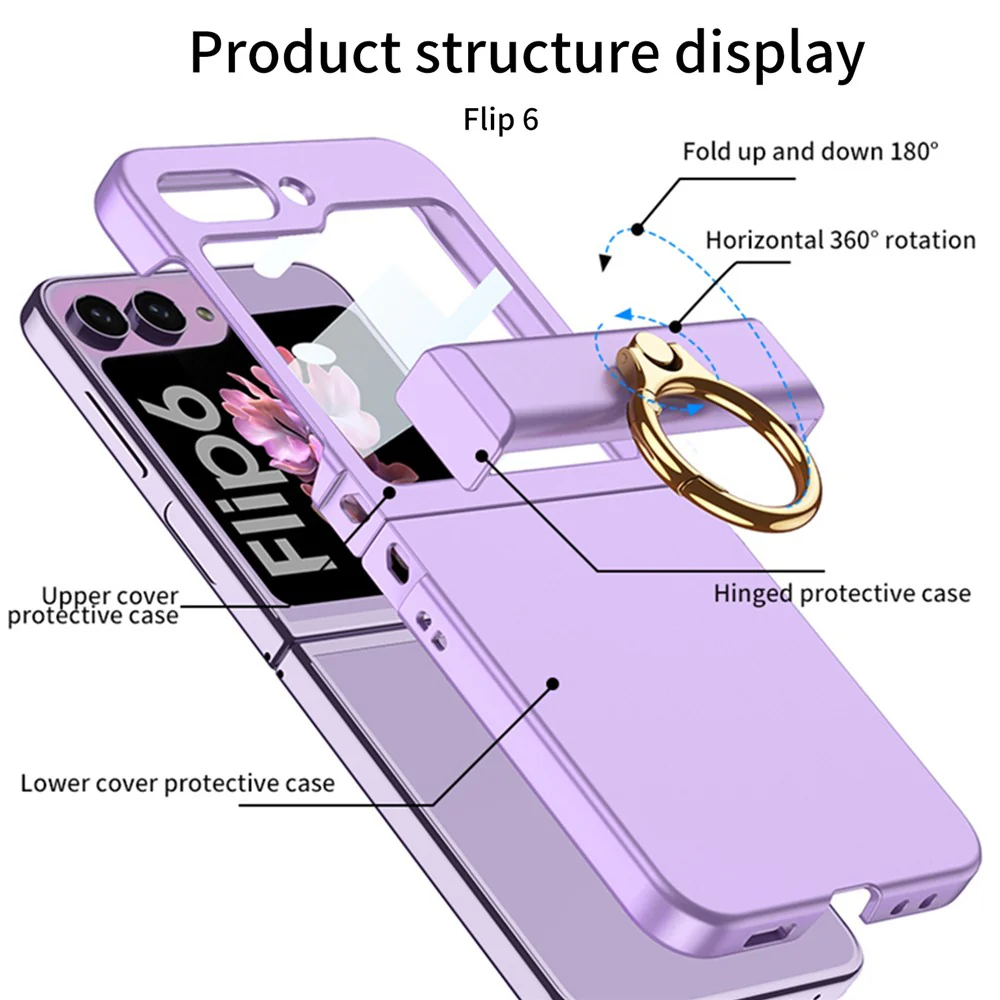 GKK For Samsung Galaxy Z Flip7 FE 5G / Z Flip6 5G Slim Phone Case PC Cover with Ring Holder+Tempered Glass Film - Titanium Grey - Image 2
