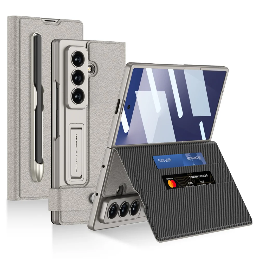 GKK For Samsung Galaxy Z Fold7 5G Case Card Slot PC + PU Flip Phone Cover with Screen Film, Stylus - Titanium Grey