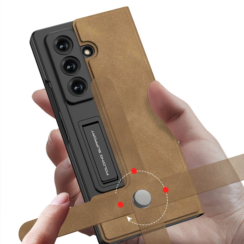 GKK For Samsung Galaxy Z Fold7 5G Case Matte PU + PC + Tempered Glass Wallet Phone Cover with Stand - Brown - Image 7