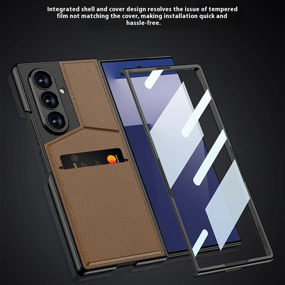 GKK For Samsung Galaxy Z Fold7 5G Case PC + PU Leather Phone Cover with Card Holder Kickstand, Screen Film - Coffee - Image 6