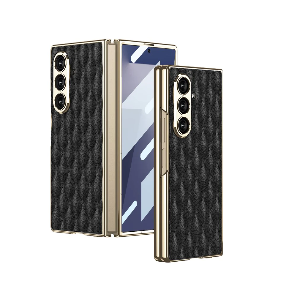 GKK For Samsung Galaxy Z Fold7 5G Case with Glass Film Rhomboid Design Electroplating PC + PU Phone Back Cover - Black