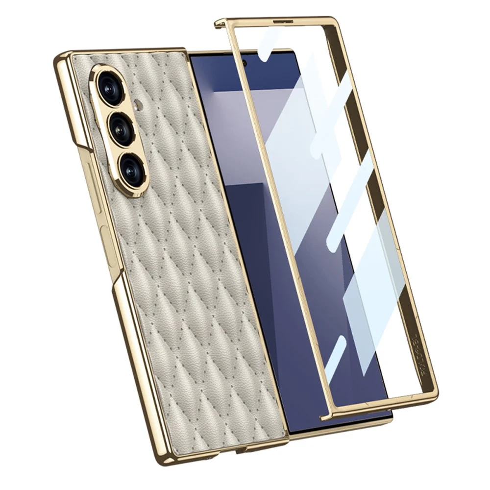 GKK For Samsung Galaxy Z Fold7 5G Case with Glass Film Rhomboid Design Electroplating PC + PU Phone Back Cover - Black - Image 2