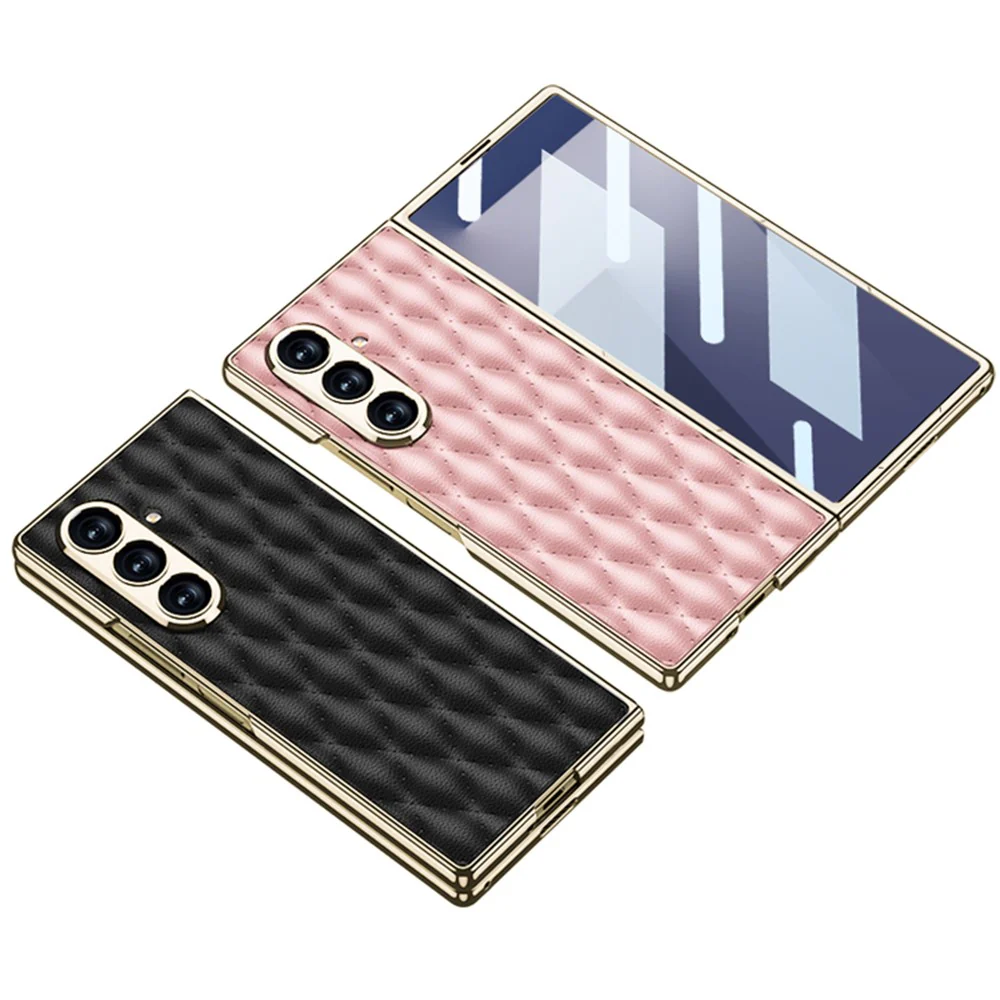 GKK For Samsung Galaxy Z Fold7 5G Case with Glass Film Rhomboid Design Electroplating PC + PU Phone Back Cover - Black - Image 6