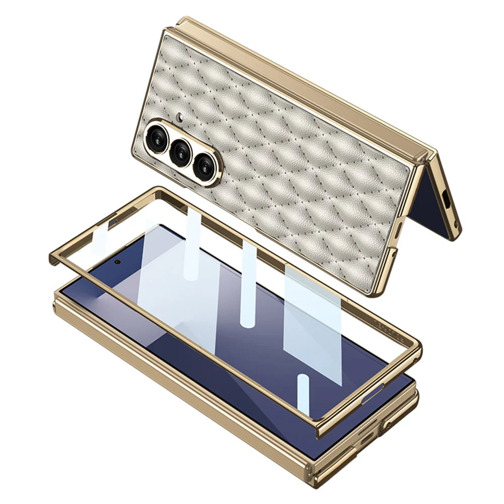 GKK For Samsung Galaxy Z Fold7 5G Case with Glass Film Rhomboid Design Electroplating PC + PU Phone Back Cover - Green - Image 3