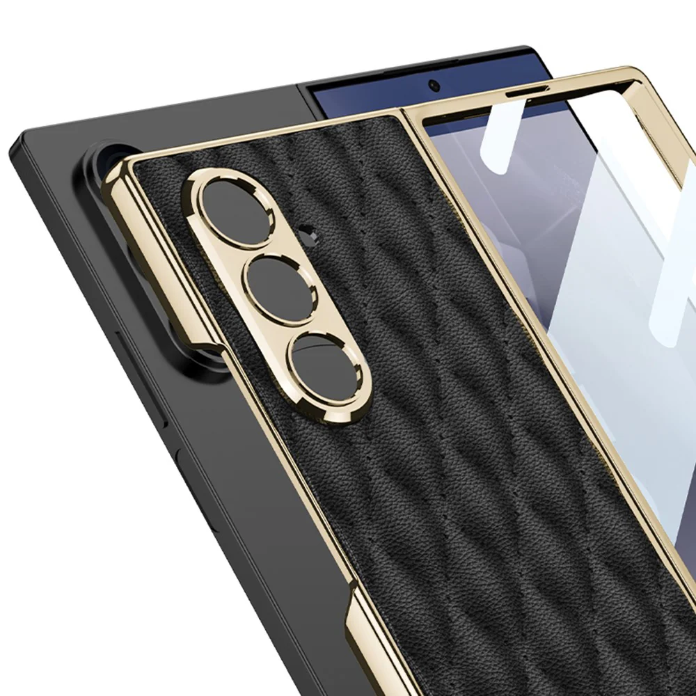 GKK For Samsung Galaxy Z Fold7 5G Case with Glass Film Rhomboid Design Electroplating PC + PU Phone Back Cover - Green - Image 5