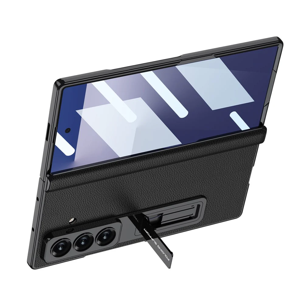 GKK For Samsung Galaxy Z Fold7 5G Case with Kickstand PU PC Tempered Glass Protective Phone Cover - Midnight Green - Image 2