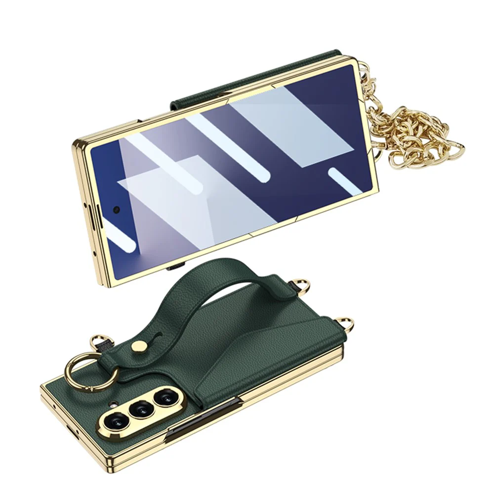 GKK For Samsung Galaxy Z Fold7 5G Case with PU Strap Kickstand / Metal Chain Electroplated PC Tempered Glass Phone Cover - Green - Image 3