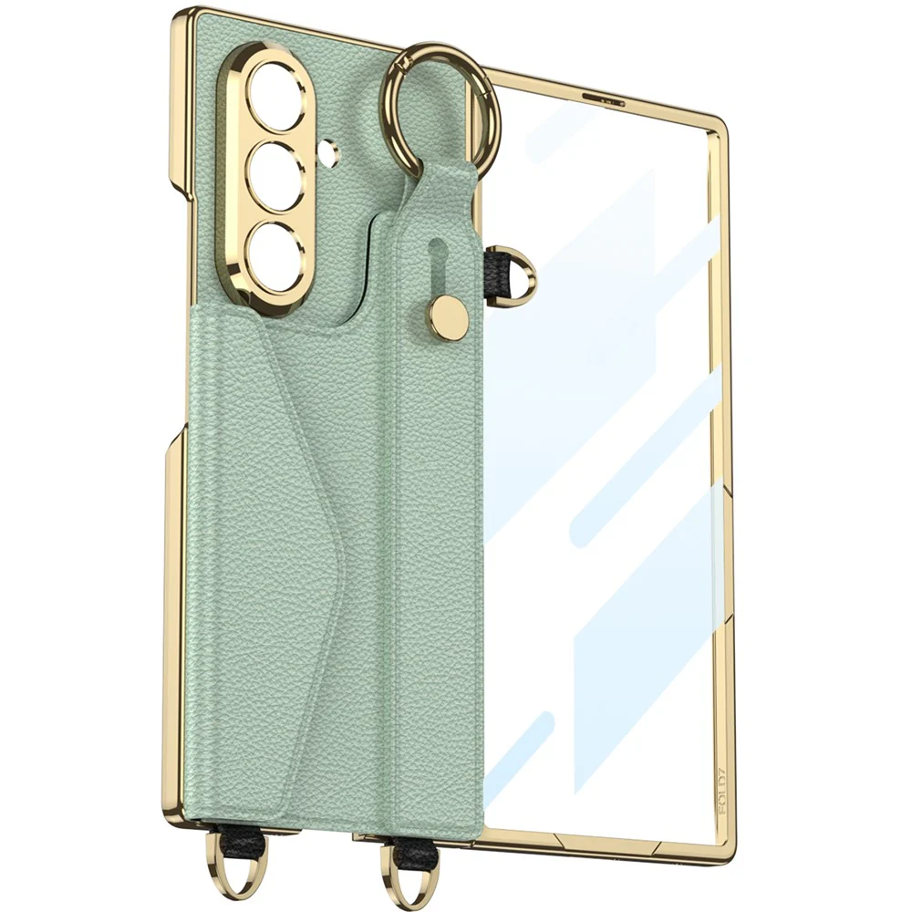 GKK For Samsung Galaxy Z Fold7 5G Case with PU Strap Kickstand / Metal Chain Electroplated PC Tempered Glass Phone Cover - Green - Image 4