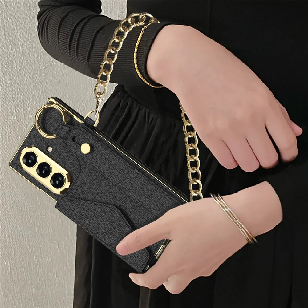 GKK For Samsung Galaxy Z Fold7 5G Case with PU Strap Kickstand / Metal Chain Electroplated PC Tempered Glass Phone Cover - Green - Image 7