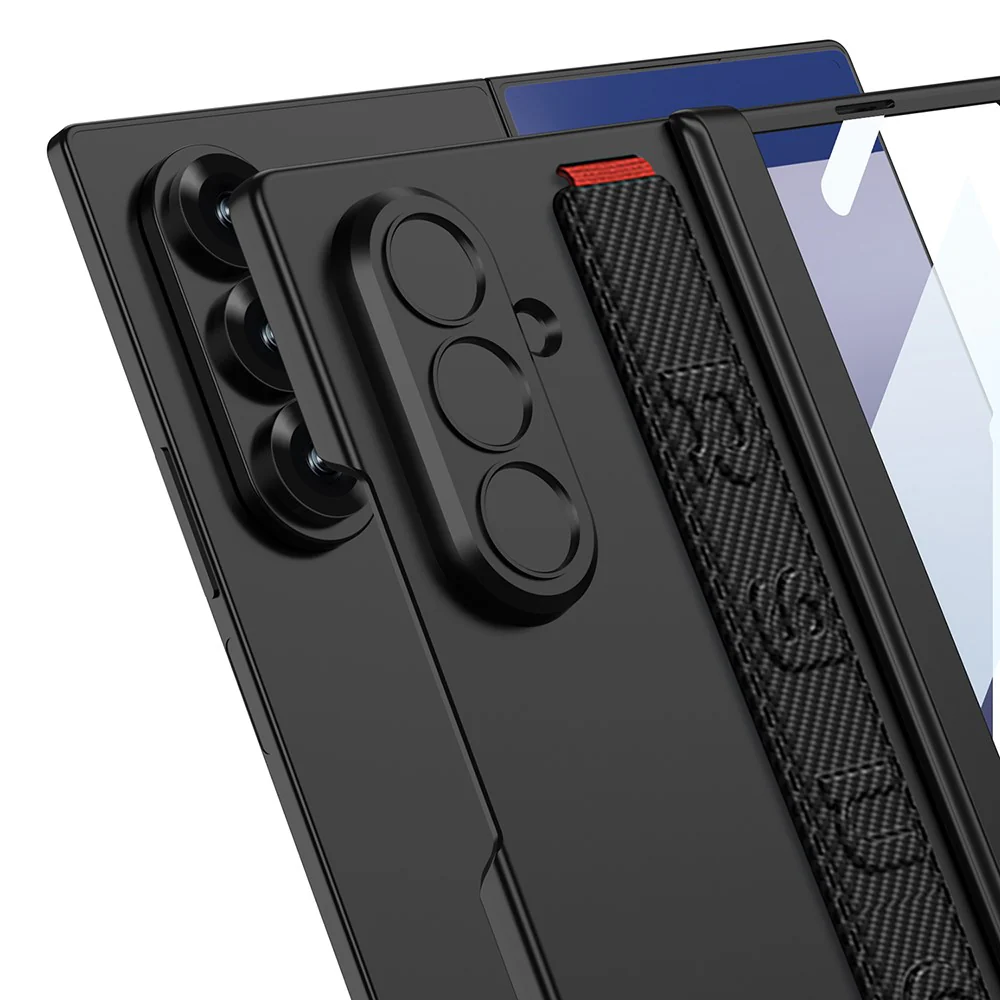 GKK For Samsung Galaxy Z Fold7 5G Case with Strap / Hinge Protection PC + Tempered Glass Phone Cover - Carbon Fiber Texture - Image 7