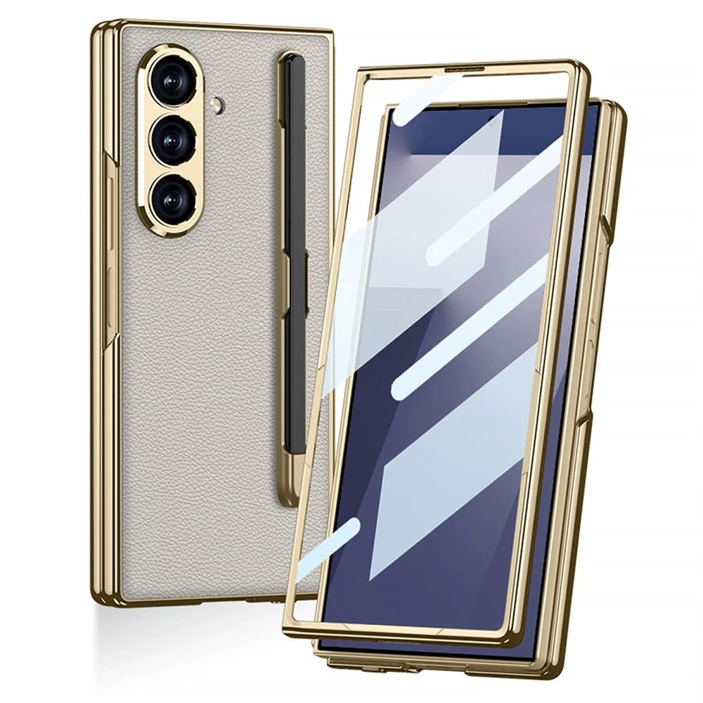 GKK For Samsung Galaxy Z Fold7 5G Case with Stylus Slot Electroplating PU PC Tempered Glass Phone Cover - Black - Image 2
