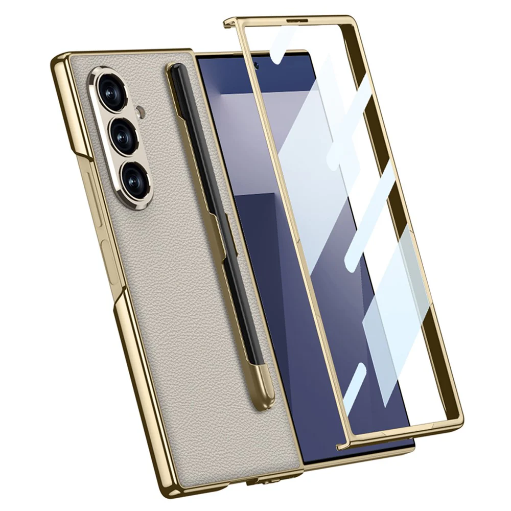 GKK For Samsung Galaxy Z Fold7 5G Case with Stylus Slot Electroplating PU PC Tempered Glass Phone Cover - Black - Image 3