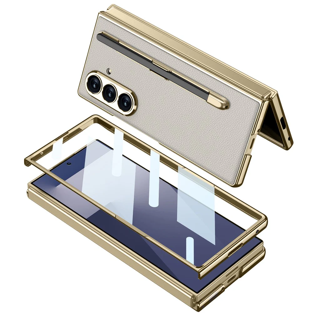 GKK For Samsung Galaxy Z Fold7 5G Case with Stylus Slot Electroplating PU PC Tempered Glass Phone Cover - Carbon Fiber Texture - Image 5