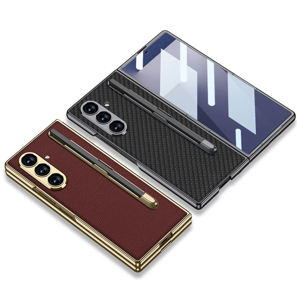 GKK For Samsung Galaxy Z Fold7 5G Case with Stylus Slot Electroplating PU PC Tempered Glass Phone Cover - Carbon Fiber Texture - Image 6