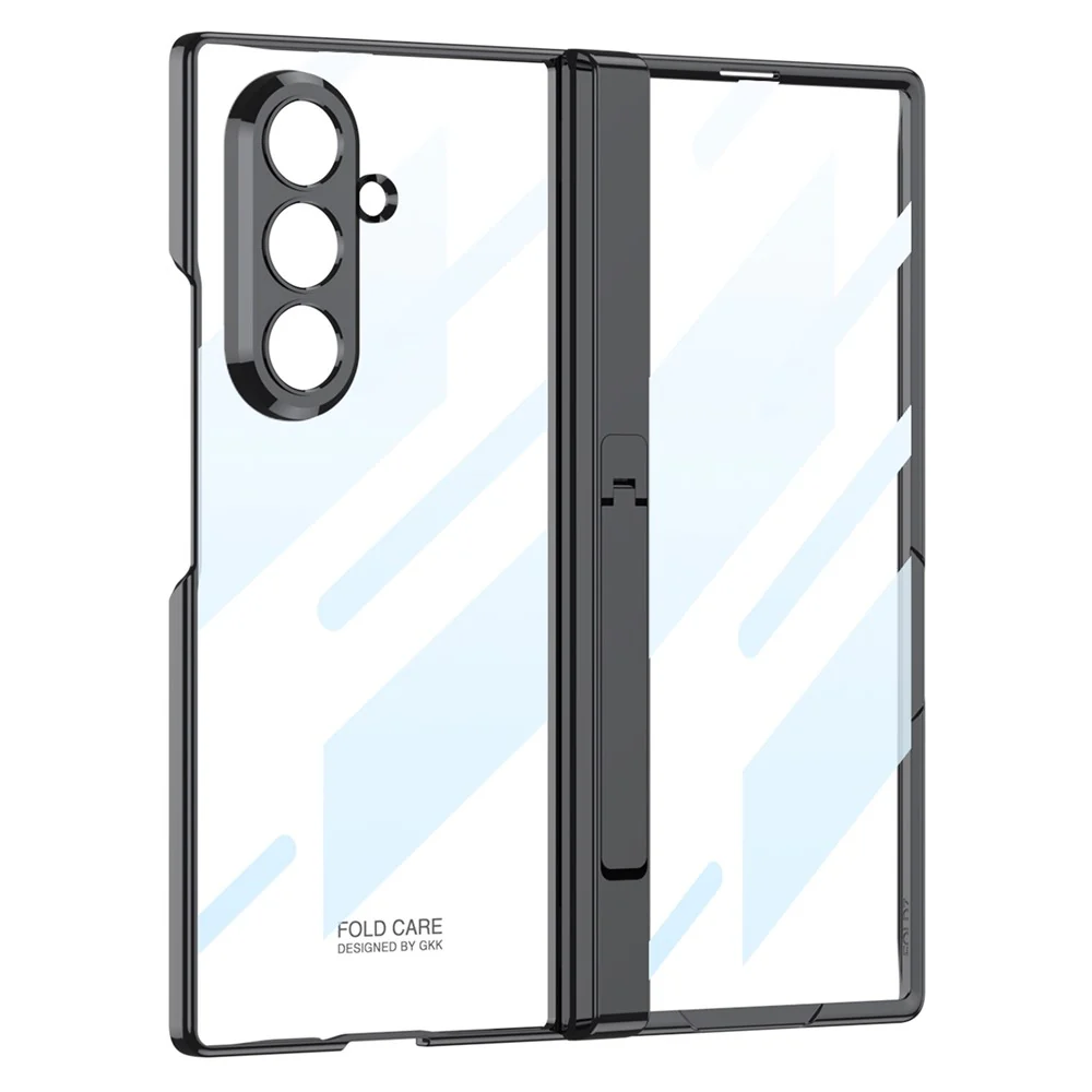 GKK For Samsung Galaxy Z Fold7 5G Crystal Clear Case Magnetic Hinge Protection PC Tempered Glass Kickstand Phone Cover - Black
