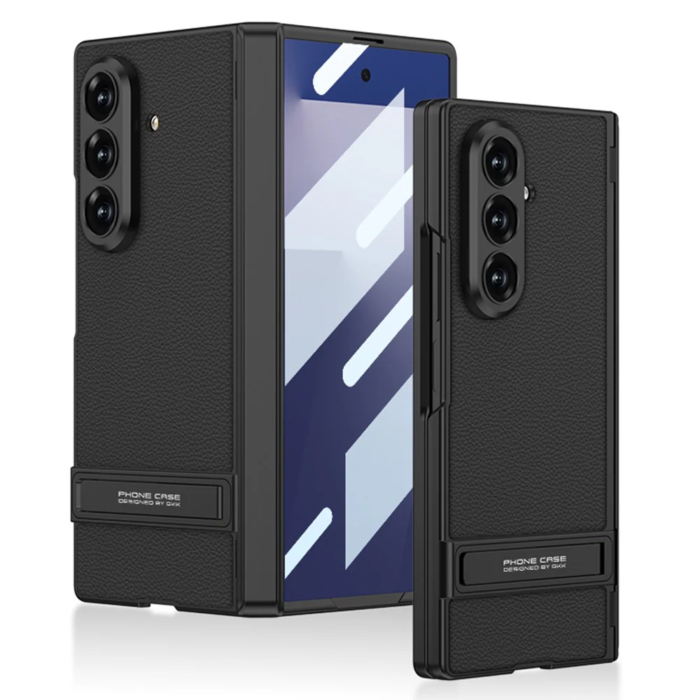GKK For Samsung Galaxy Z Fold7 5G Kickstand Case Hinge Protection PU PC Tempered Glass Phone Cover - Black