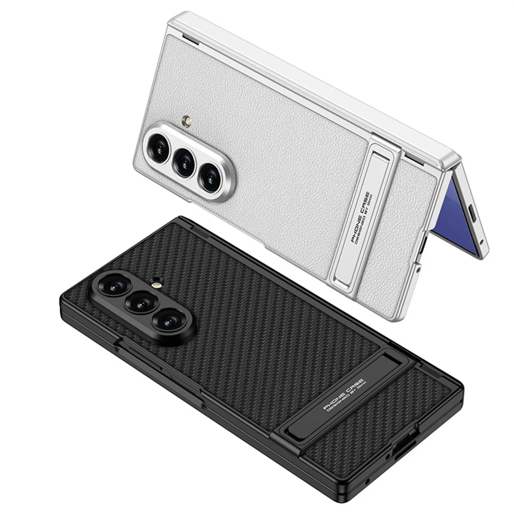 GKK For Samsung Galaxy Z Fold7 5G Kickstand Case Hinge Protection PU PC Tempered Glass Phone Cover - Carbon Fiber Texture - Image 4