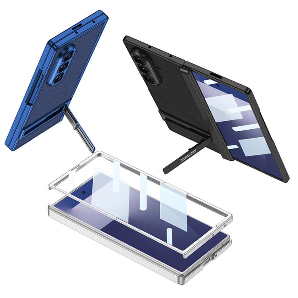 GKK For Samsung Galaxy Z Fold7 5G Kickstand Case Hinge Protection PU PC Tempered Glass Phone Cover - Carbon Fiber Texture - Image 5