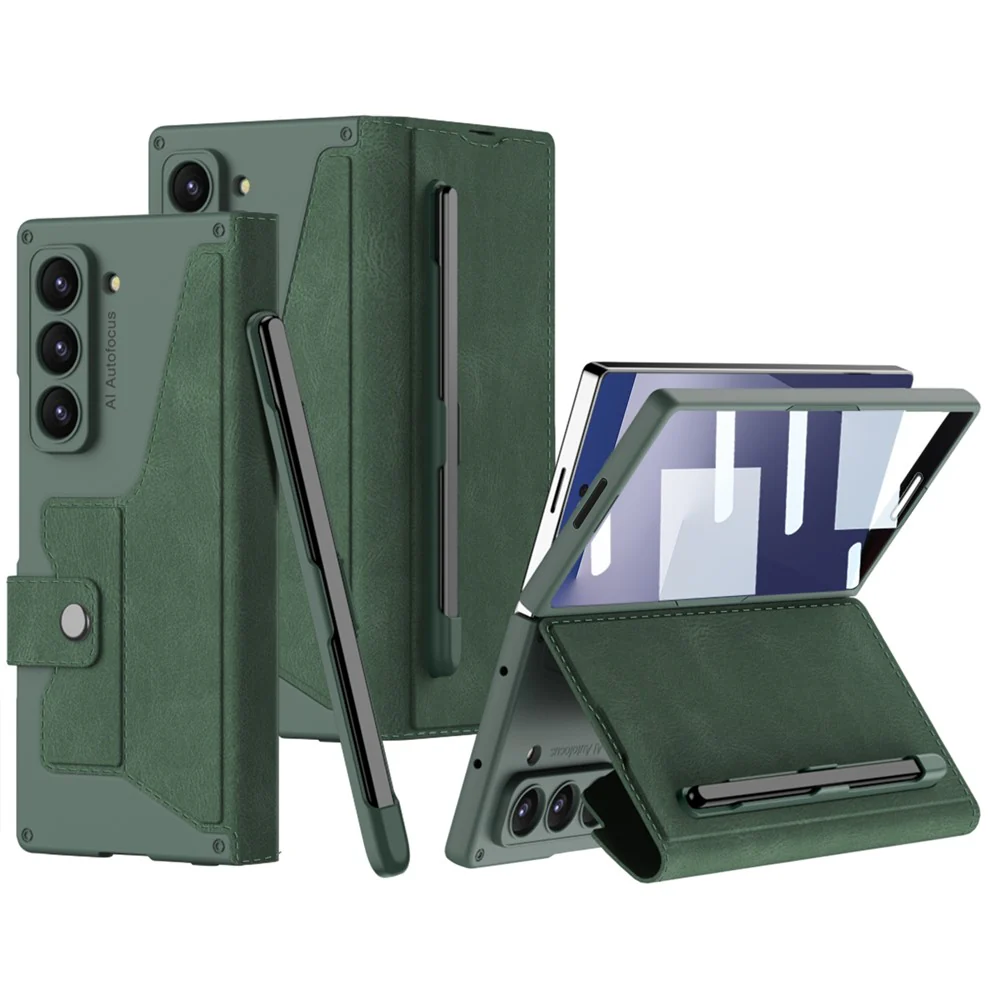 GKK For Samsung Galaxy Z Fold7 5G Kickstand Case Pencil Slot PC+PU Phone Cover with Screen Film - Green