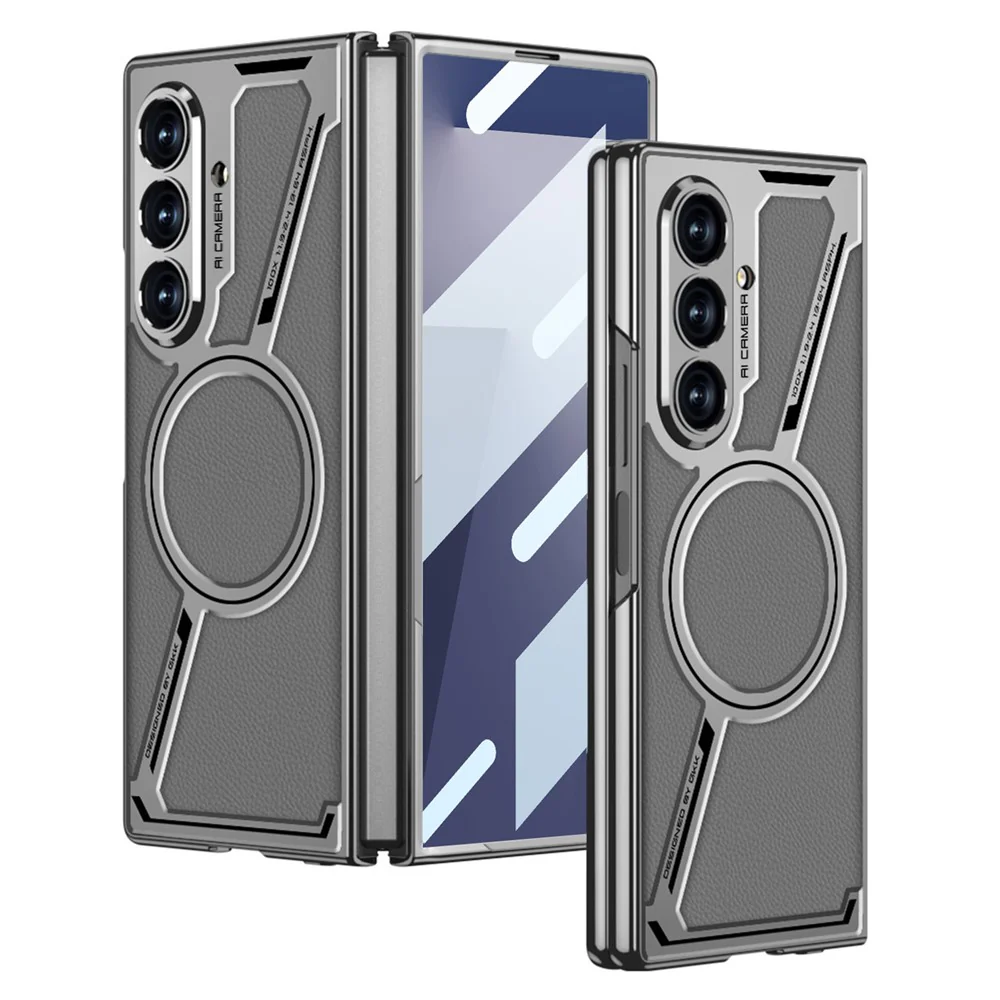 GKK For Samsung Galaxy Z Fold7 5G Magnetic Case PU Leather + PC Phone Cover with Front Screen Protector - Grey - Grey