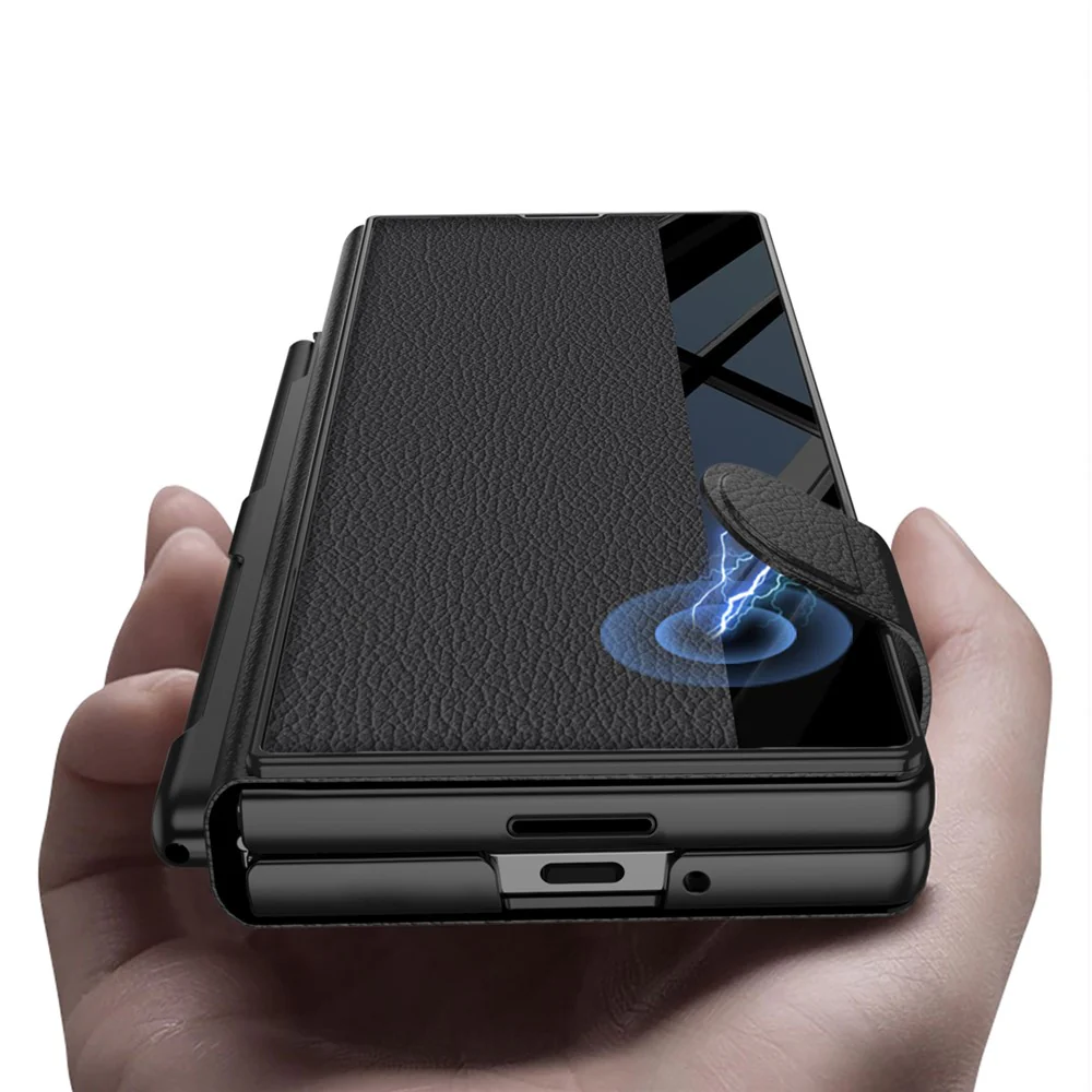 GKK For Samsung Galaxy Z Fold7 5G Stand Case Pen Slot PC + PU Leather Flip Phone Cover with Screen Film - Black - Image 3