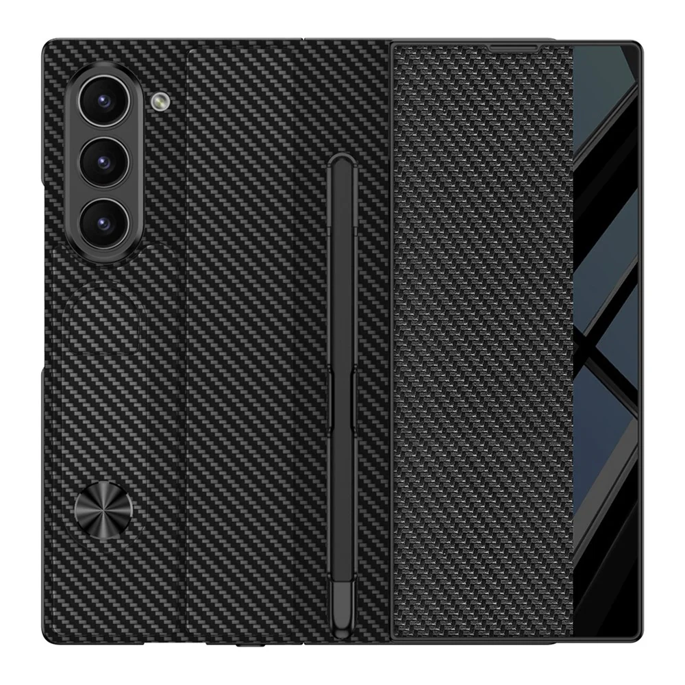 GKK For Samsung Galaxy Z Fold7 5G Stand Case Pen Slot PC + PU Leather Flip Phone Cover with Screen Film - Carbon Fiber Texture - Image 6