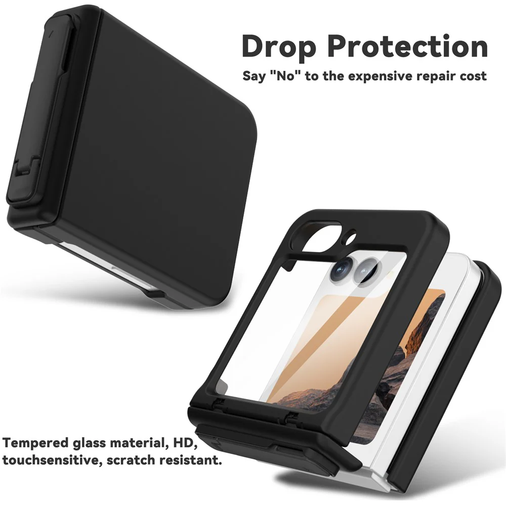 GW18 For Samsung Galaxy Z Flip7 FE 5G / Flip6 5G Case Rubberized Hard PC Kickstand Phone Cover - Black - Image 5