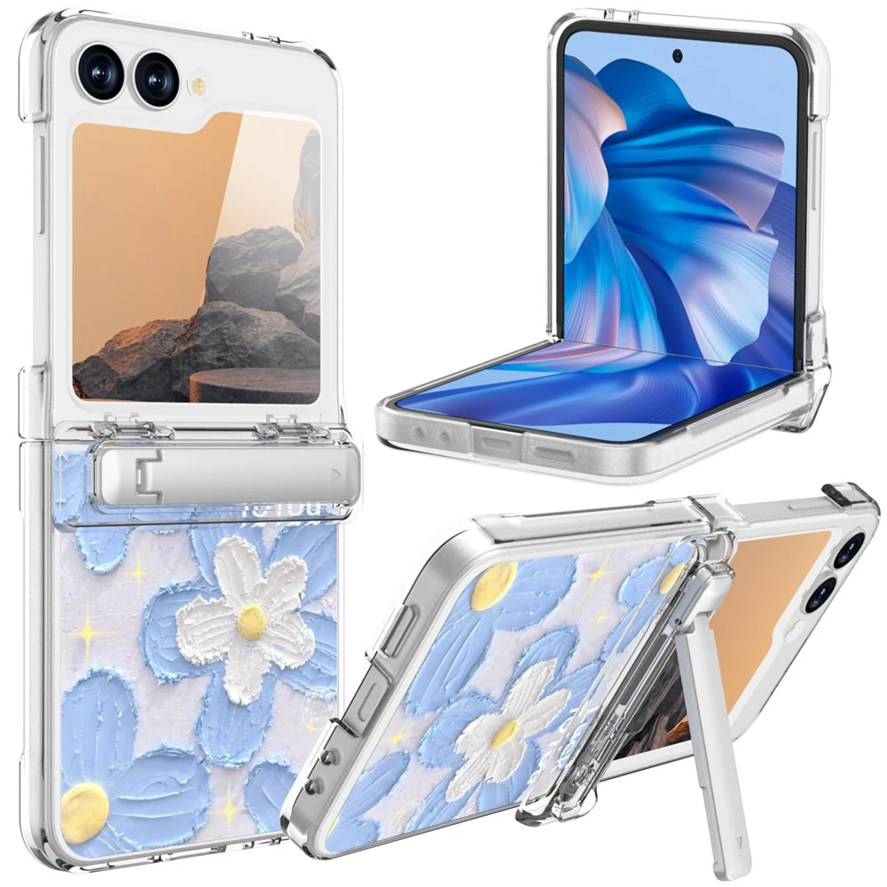 GW181 For Samsung Galaxy Z Flip7 FE 5G  /  Flip6 5G Case with Pattern Design Kickstand Hard PC Phone Cover - Blue Flower