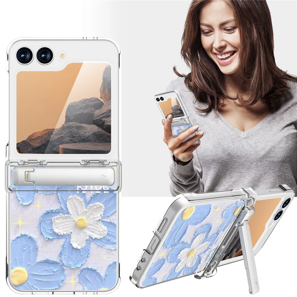 GW181 For Samsung Galaxy Z Flip7 FE 5G  /  Flip6 5G Case with Pattern Design Kickstand Hard PC Phone Cover - Blue Flower - Image 6
