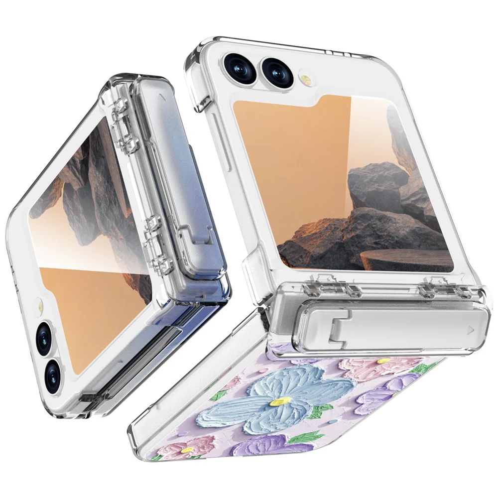 GW181 For Samsung Galaxy Z Flip7 FE 5G / Flip6 5G Case with Pattern Design Kickstand Hard PC Phone Cover - Flower - Image 2