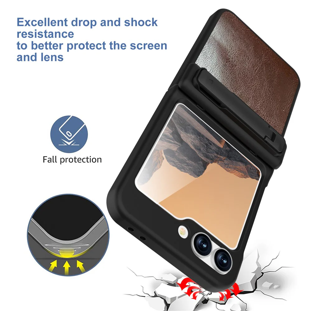 GW181 For Samsung Galaxy Z Flip7 FE 5G / Flip6 5G Kickstand Case Crazy Horse Texture PU PC Phone Back Cover - Dark Brown - Image 3