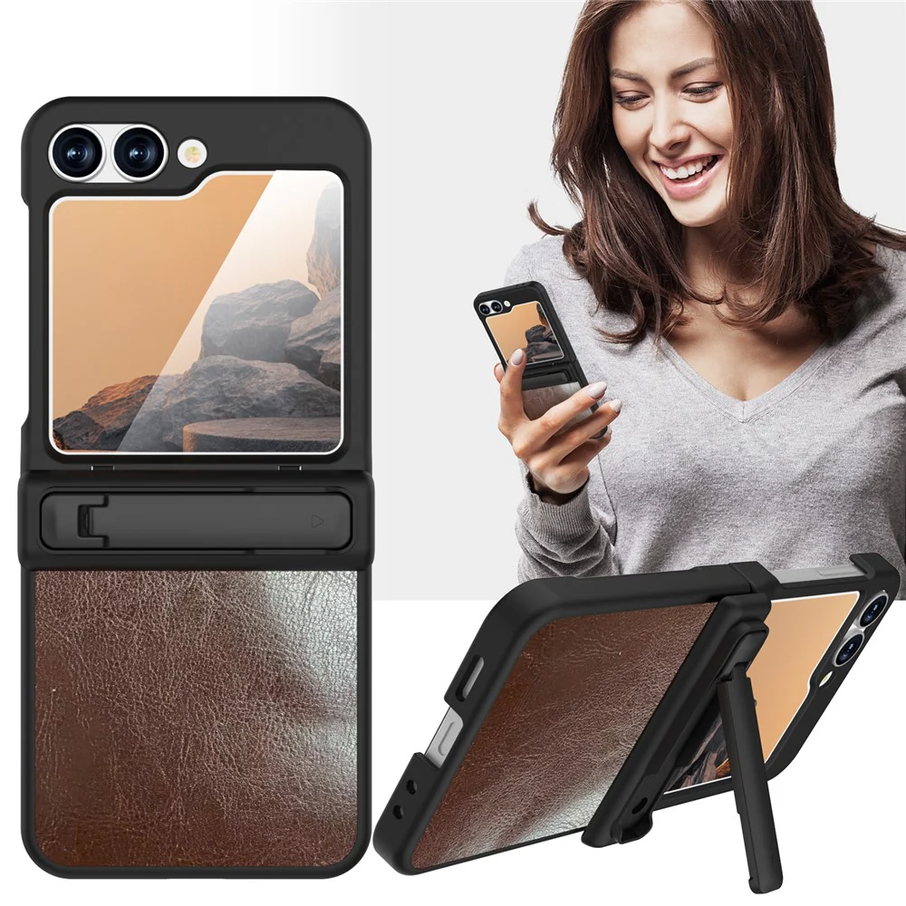 GW181 For Samsung Galaxy Z Flip7 FE 5G / Flip6 5G Kickstand Case Crazy Horse Texture PU PC Phone Back Cover - Dark Brown - Image 5
