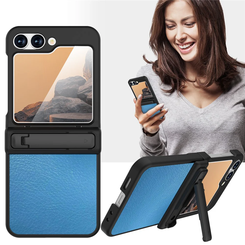 GW181 For Samsung Galaxy Z Flip7 FE 5G / Flip6 5G Kickstand Case Litchi Texture PU + PC Phone Back Cover - Baby Blue - Image 5