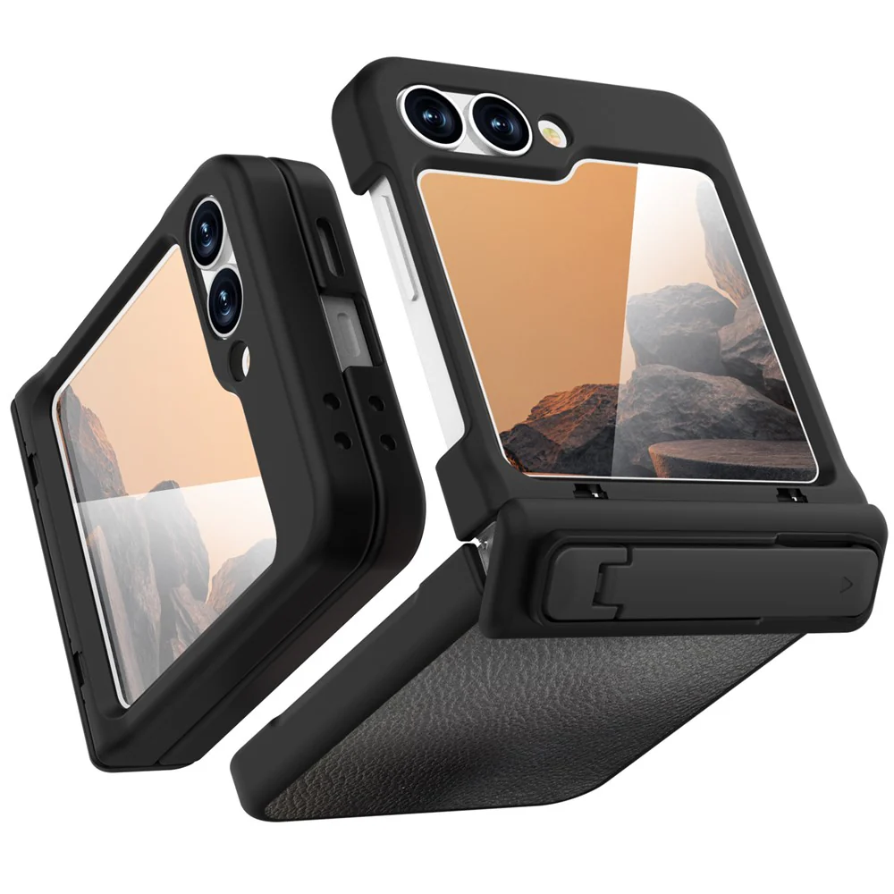 GW181 For Samsung Galaxy Z Flip7 FE 5G / Flip6 5G Kickstand Case Litchi Texture PU + PC Phone Back Cover - Black - Image 2