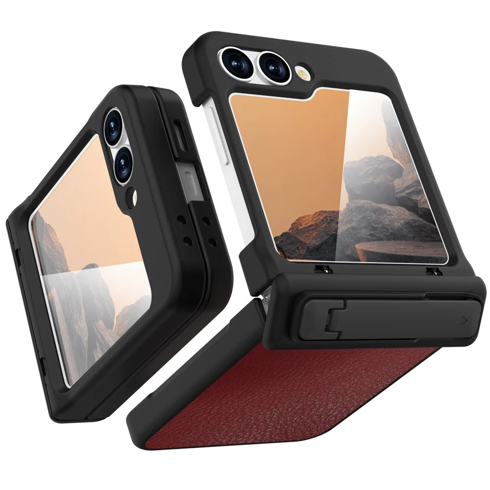 GW181 For Samsung Galaxy Z Flip7 FE 5G / Flip6 5G Kickstand Case Litchi Texture PU + PC Phone Back Cover - Dark Red - Image 2