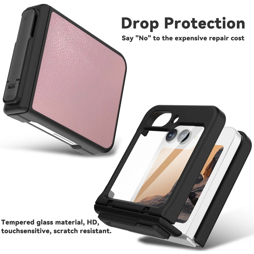 GW181 For Samsung Galaxy Z Flip7 FE 5G / Flip6 5G Kickstand Case Litchi Texture PU + PC Phone Back Cover - Light Pink - Image 4