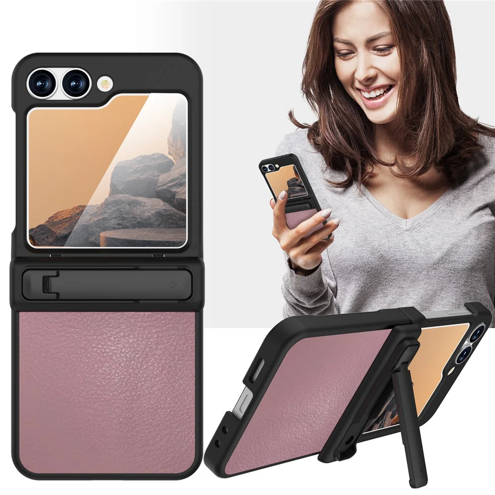 GW181 For Samsung Galaxy Z Flip7 FE 5G / Flip6 5G Kickstand Case Litchi Texture PU + PC Phone Back Cover - Light Pink - Image 5