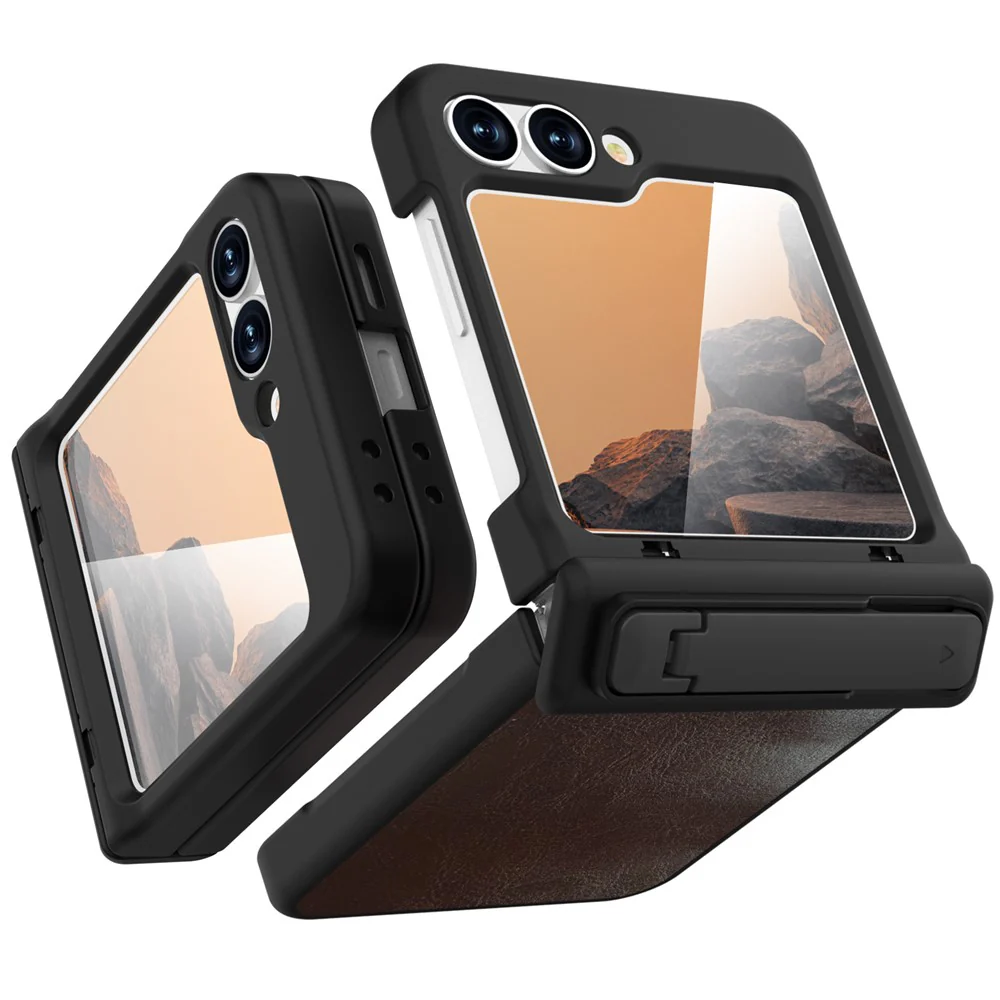 GW181 For Samsung Galaxy Z Flip7 FE 5G / Z Flip6 5G Case Crazy Horse Texture PU+PC Phone Cover with Kickstand - Dark Brown - Image 3