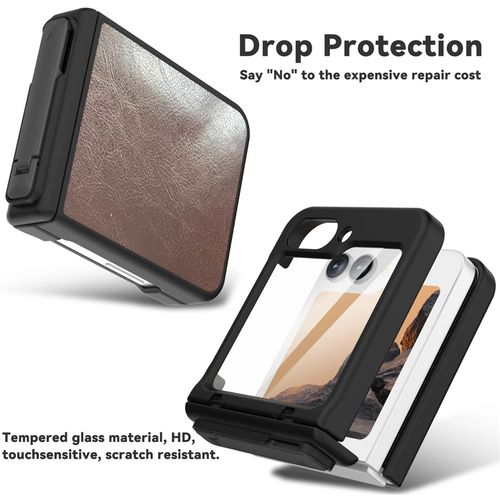 GW181 For Samsung Galaxy Z Flip7 FE 5G / Z Flip6 5G Case Crazy Horse Texture PU+PC Phone Cover with Kickstand - Dark Brown - Image 4