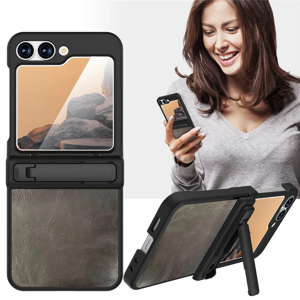 GW181 For Samsung Galaxy Z Flip7 FE 5G / Z Flip6 5G Case Crazy Horse Texture PU+PC Phone Cover with Kickstand - Dark Grey - Image 2