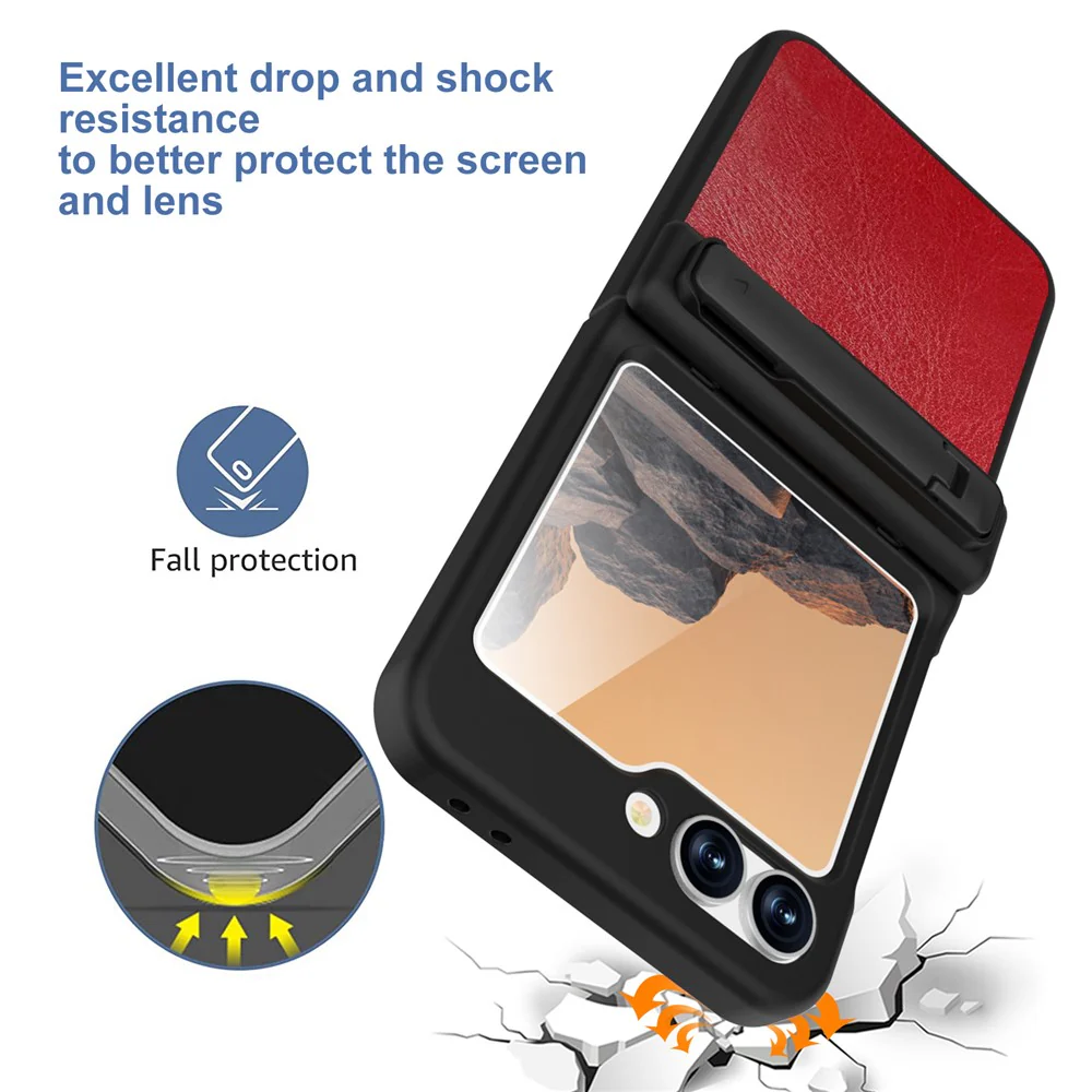 GW181 For Samsung Galaxy Z Flip7 FE 5G / Z Flip6 5G Case Crazy Horse Texture PU+PC Phone Cover with Kickstand - Dark Red - Image 6