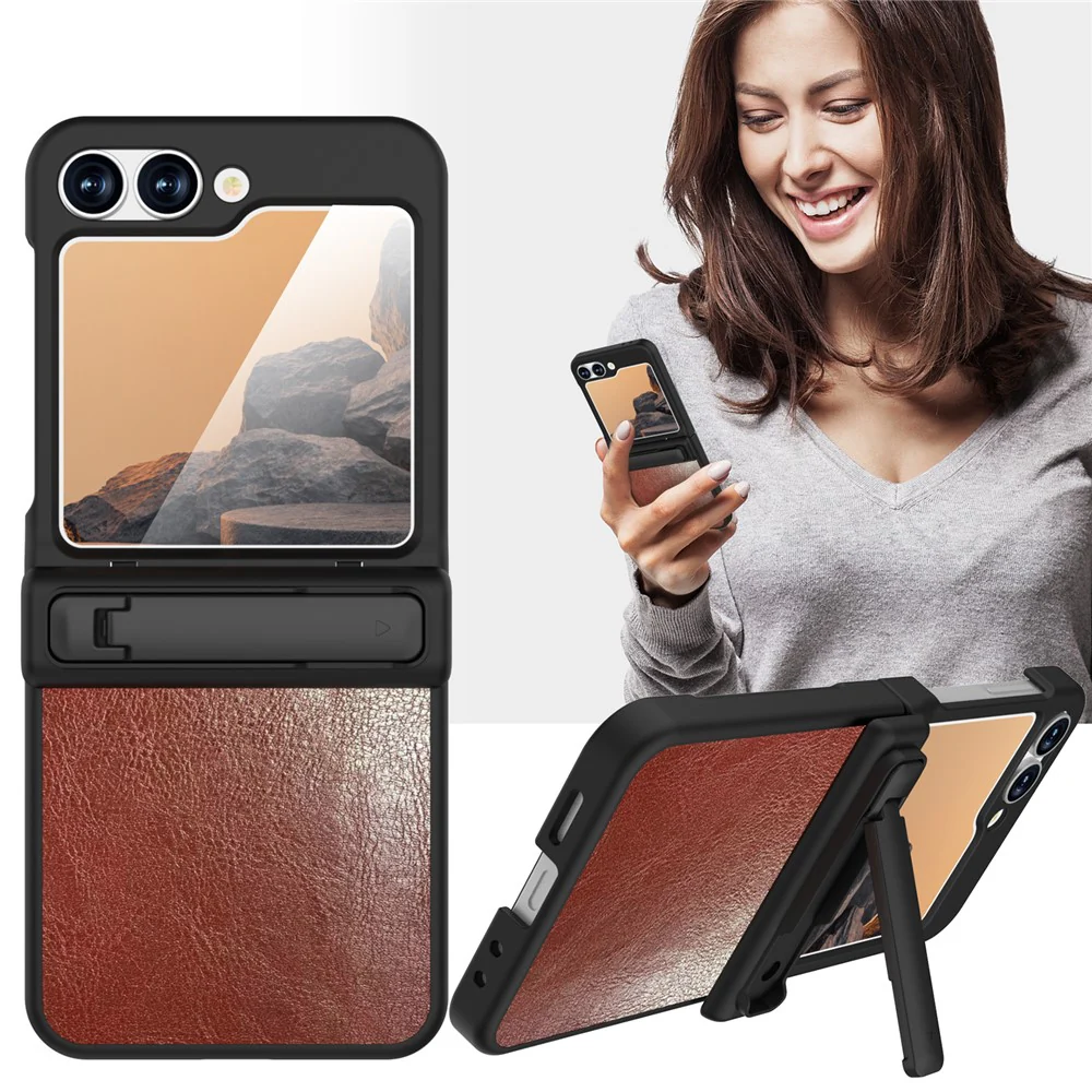 GW181 For Samsung Galaxy Z Flip7 FE 5G / Z Flip6 5G Case Crazy Horse Texture PU+PC Phone Cover with Kickstand - Orange Red - Image 2